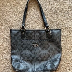 Coach Authentic Black and Gray Monogram Large Shoulder Bag With Silver Hardware